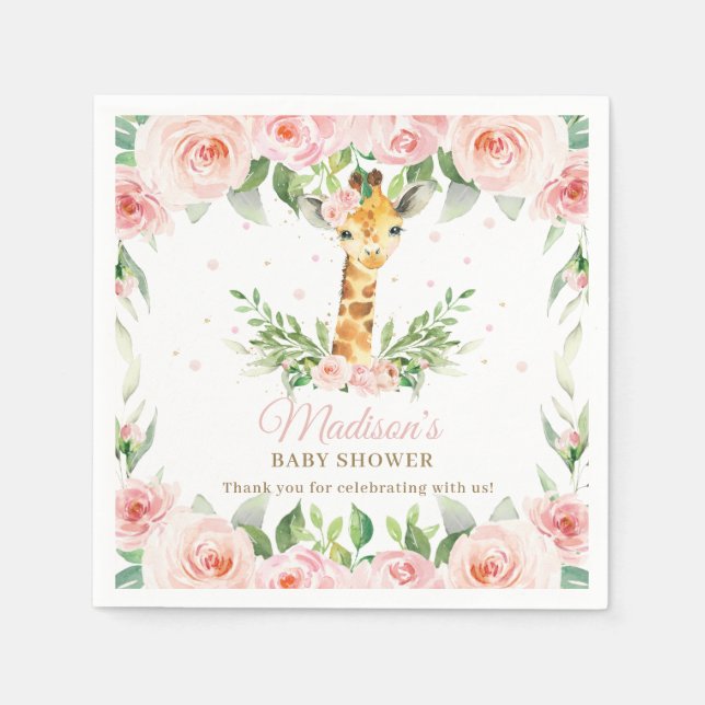 Giraffe Rosa Blommigt Girl Baby Shower Birthday Pappersservett (Framsidan)