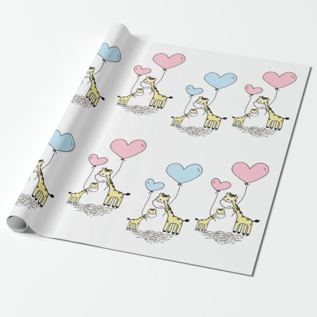 Giraffe Rosa Blue Balloon Mamma Gender Reveal Presentpapper (Utrullad)