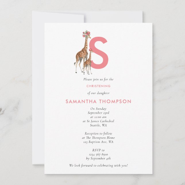 Giraffe Rosa Flicka Initial Baptism Christening Inbjudningar (Framsida)