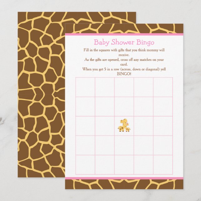 Giraffe Rosa Girl Baby Shower Bingo Inbjudningar (Fram/baksida)