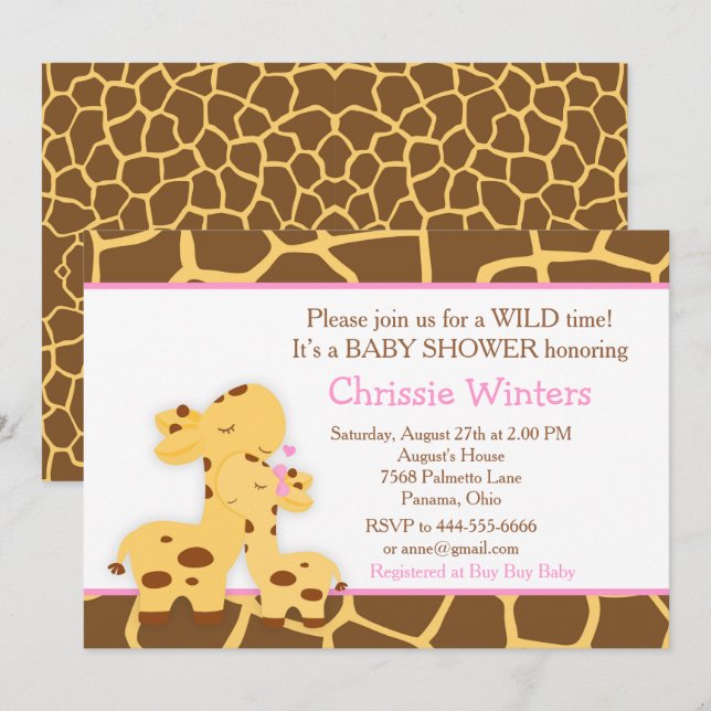 Giraffe Rosa Girl Girl Baby Party Shower Inbjudningar (Fram/baksida)