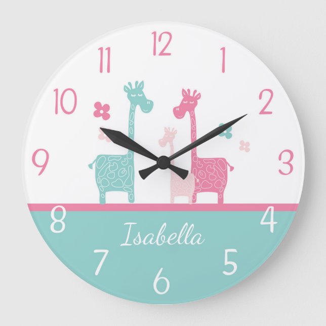 Giraffe Rosa Mint Aqua Teal Wall Clock Stor Klocka (Framsida)