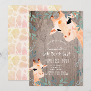 Giraffe Rustic Wood Greenery Birthday Inbjudningar