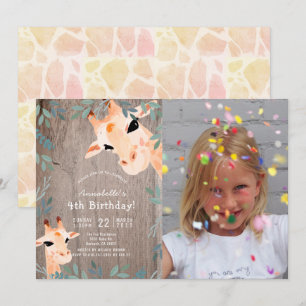 Giraffe Rustic Wood Greenery Photo Barns födelseda Inbjudningar