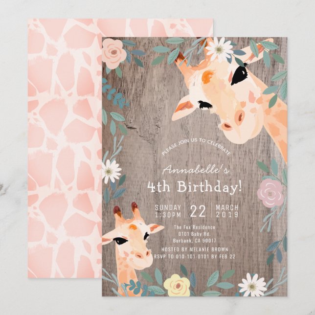 Giraffe Rustic Wood Rosa Blommigt Birthday Inbjudningar (Fram/baksida)