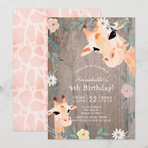 Giraffe Rustic Wood Rosa Blommigt Birthday Inbjudningar