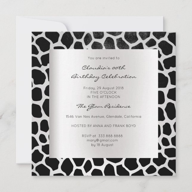 Giraffe Safari Animal Skin Black Silver Birthday Inbjudningar (Framsida)