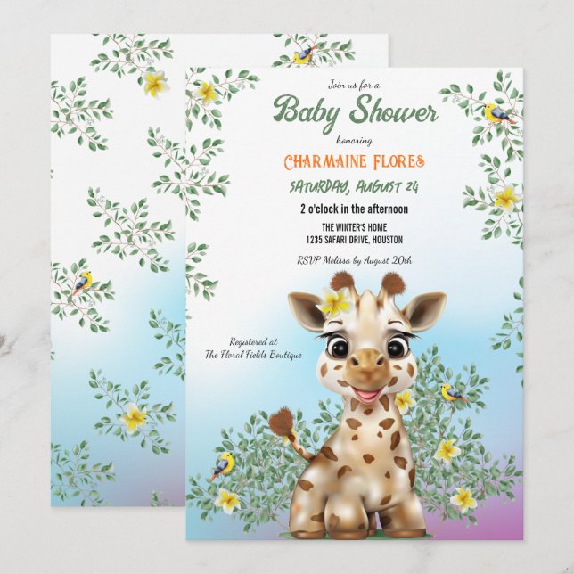 Giraffe Safari Baby Shower Inbjudningar (Fram/baksida)