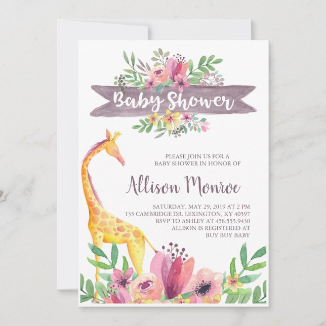Giraffe Safari Blommigt Watercolor Baby Shower Inbjudningar (Framsida)