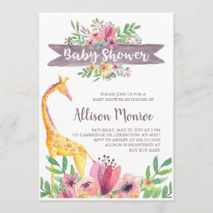 Giraffe Safari Blommigt Watercolor Baby Shower Inbjudningar