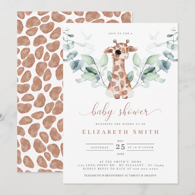 Giraffe Safari Eucalyptus Watercolor Baby Shower Inbjudningar (Fram/baksida)