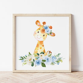 Giraffe, Safari, Jungle, Blåa blommor, Boy Nursery Poster