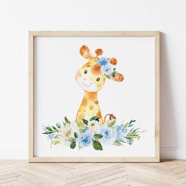 Giraffe, Safari, Jungle, Blåa blommor, Boy Nursery Poster (Skapare uppladdad)