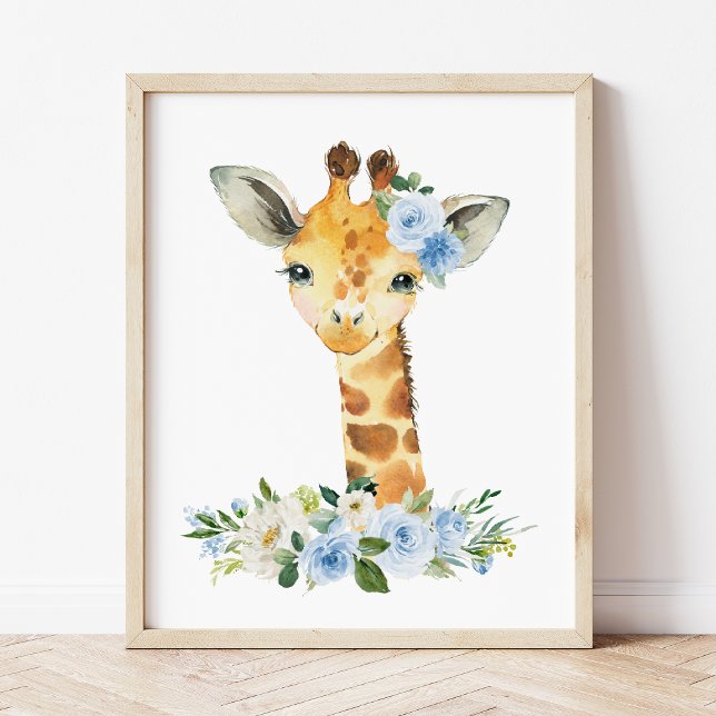 Giraffe, Safari, Jungle, Blåa blommor, Boy Nursery Poster (Skapare uppladdad)