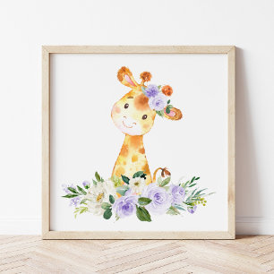Giraffe, Safari, Lila blommor, Gender Neutral Poster