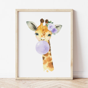 Giraffe, Safari, Lila Bubble Gum, Gender Neutral Poster