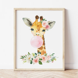 Giraffe, Safari, Rosa Bubble Gum, Girl Nursery Poster