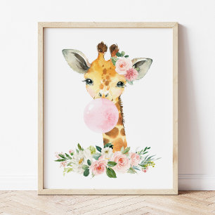Giraffe, Safari, Rosa Bubble Gum, Girl Nursery Poster