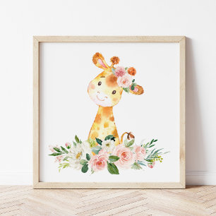 Giraffe, Safari, Rosa Flowers, Girl Nursery Fototryck