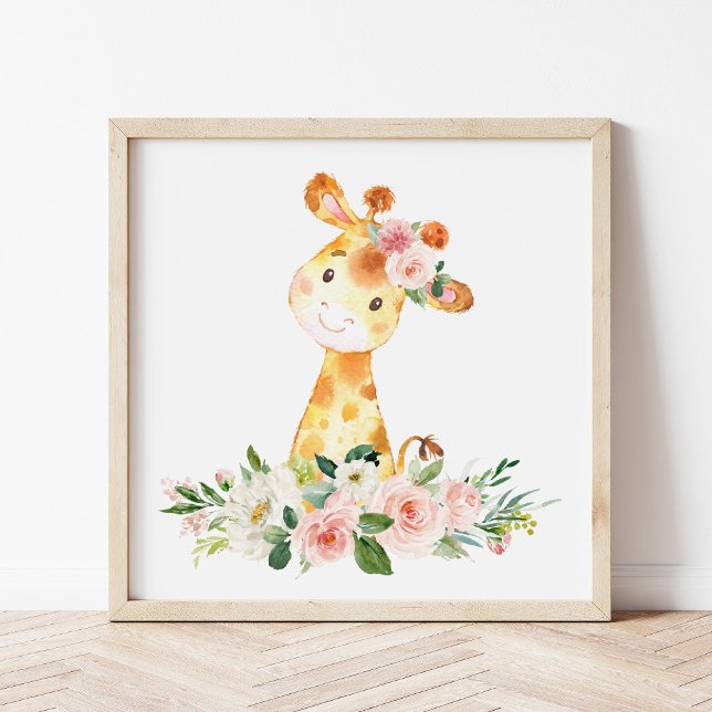 Giraffe, Safari, Rosa Flowers, Girl Nursery Fototryck (Skapare uppladdad)