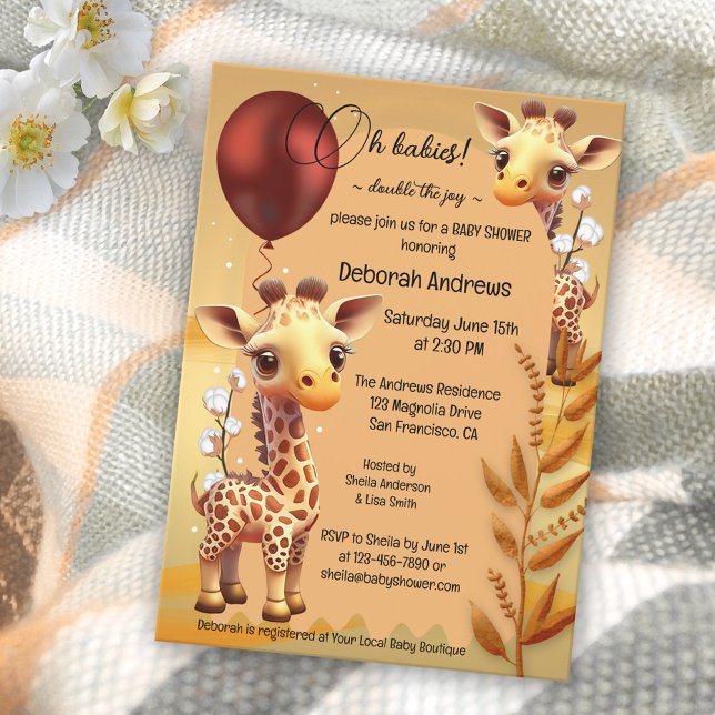 Giraffe Safari Twillingars Baby Shower Inbjudningar (Skapare uppladdad)
