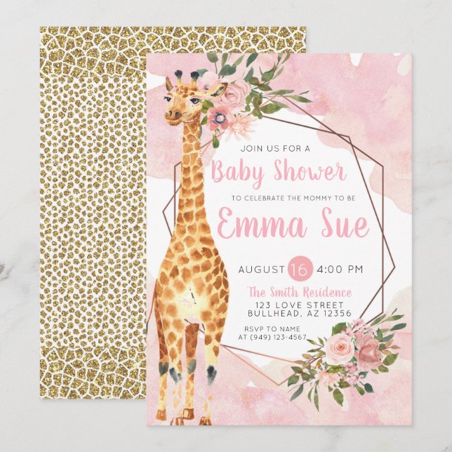 Giraffe Safari Watercolor Baby Shower Inbjudningar (Fram/baksida)