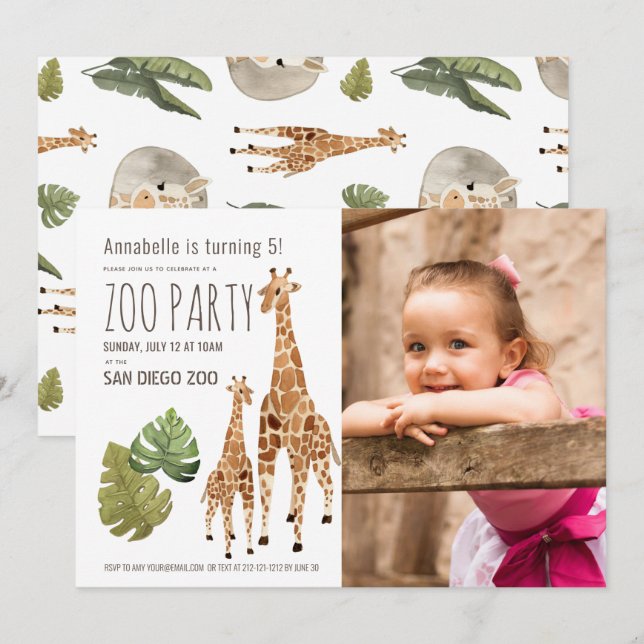 Giraffe Safari Zoo Party Kids Photo Birthday Inbjudningar (Fram/baksida)