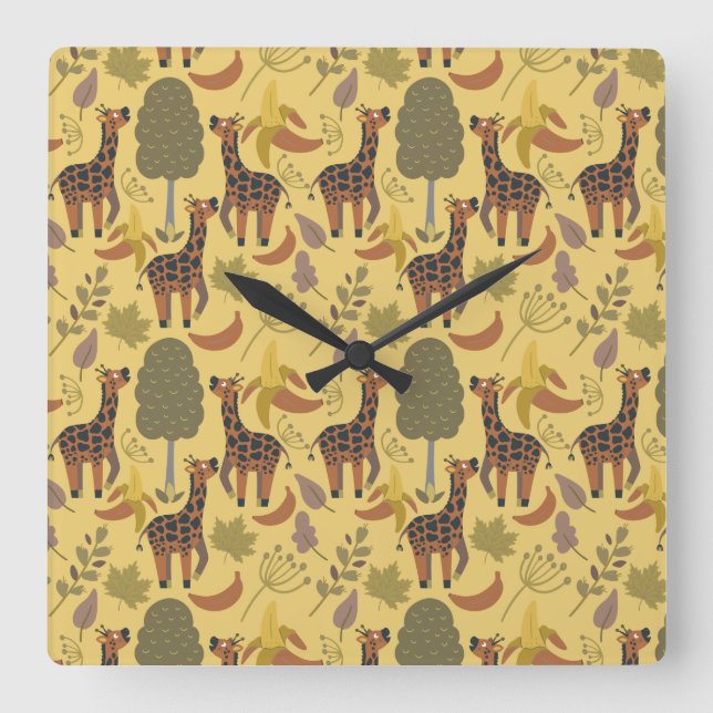 Giraffe seamless pattern yellow background fyrkantig klocka (Framsida)