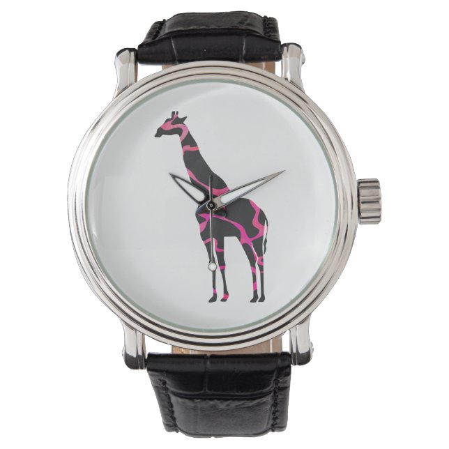 Giraffe Shock rosa och Black Silhouette Armbandsur (Framsida)