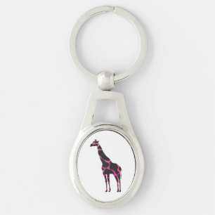 Giraffe Shock rosa och Black Silhouette Ovalt Silverfärgad Nyckelring