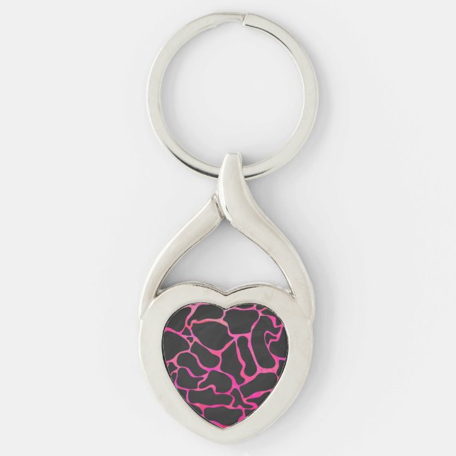 Giraffe Shock rosa och svart utskrift Twisted Heart Silverfärgad Nyckelring (Framsidan)