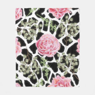 Giraffe Skriv ut svart och vitt med Rosa ros Fleecefilt