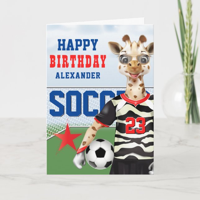 Giraffe Soccer Player Kids Birthday Kort (Framsida)