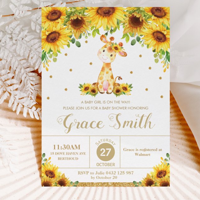 Giraffe Solros Blommigt Baby Shower Girl Inbjudningar (Skapare uppladdad)