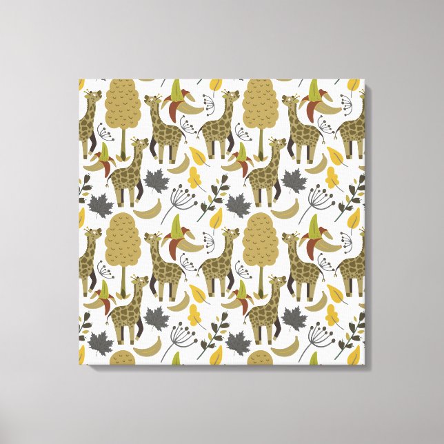 Giraffe, sömlös gult i mönster, vit hög canvastryck (Framsida)