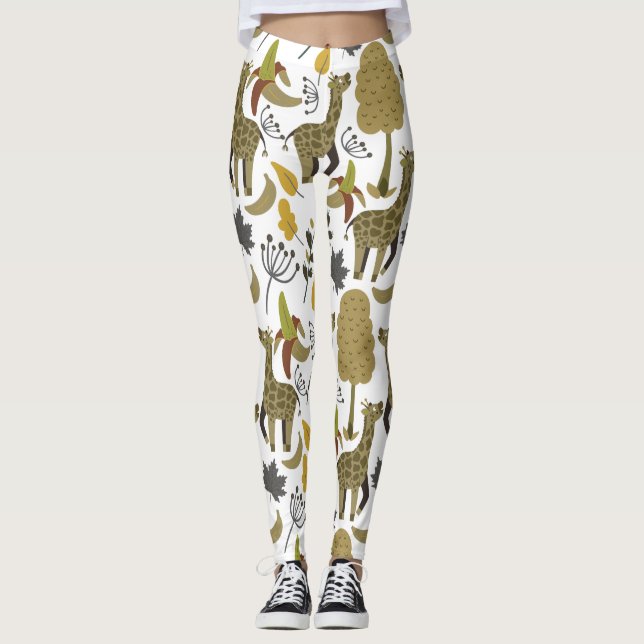 Giraffe, sömlös gult i mönster, vit hög leggings (Framsida)