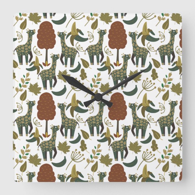 Giraffe sömlös mönster | Färgfyllt blommönster Fyrkantig Klocka (Framsida)