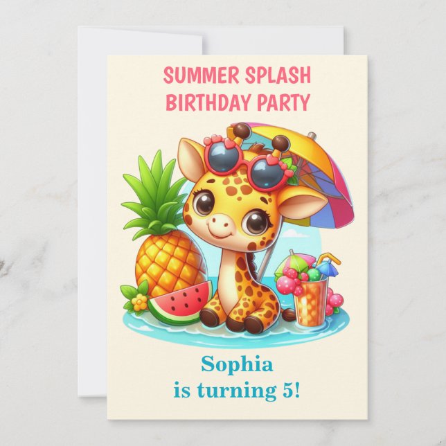 Giraffe sommar splash födelsedagsinbjudan flicka  inbjudningar (Framsida)