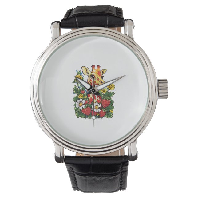 Giraffe Strawbär och Flowers Graphic Cute Gira Armbandsur (Framsida)