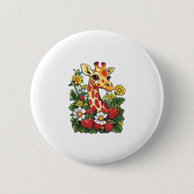 Giraffe Strawbär och Flowers Graphic Cute Gira Knapp (Framsida)