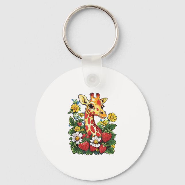 Giraffe Strawbär och Flowers Graphic Cute Gira Nyckelring (Framsida)