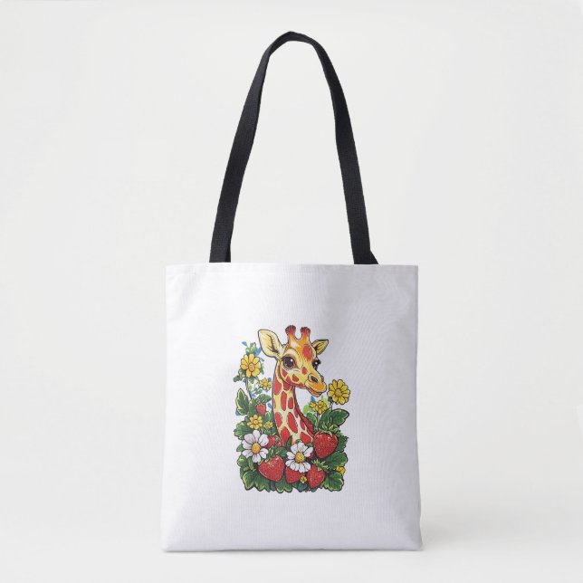 Giraffe Strawbär och Flowers Graphic Cute Gira Tygkasse (Framsida)