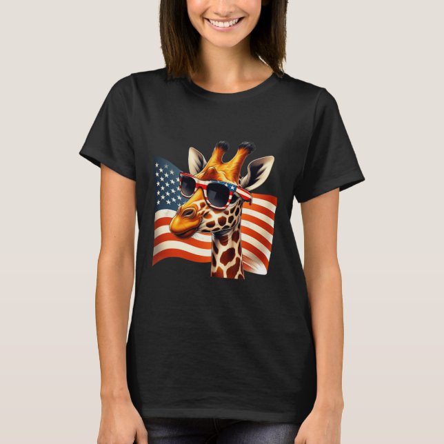 Giraffe Sungles American Flagga Patriotic 4:e Jul T Shirt (Framsida)