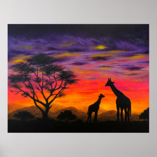"Giraffe Sunset" Poster utskrifter av Giraffe Scen