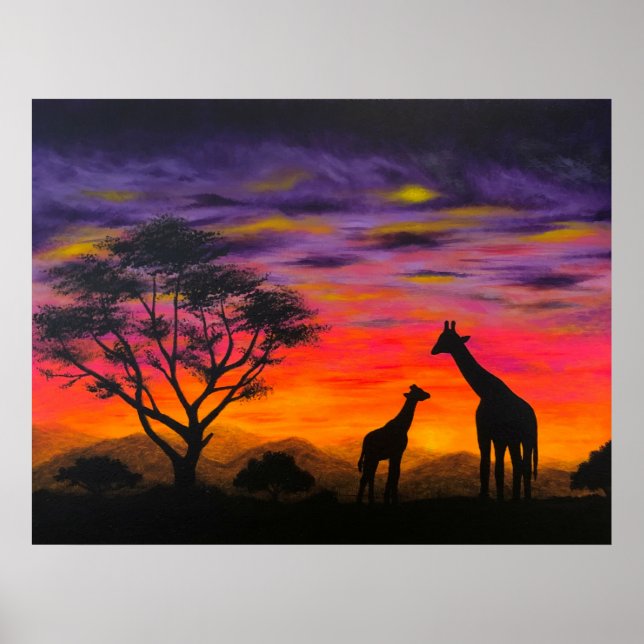 "Giraffe Sunset" Poster utskrifter av Giraffe Scen (Framsidan)