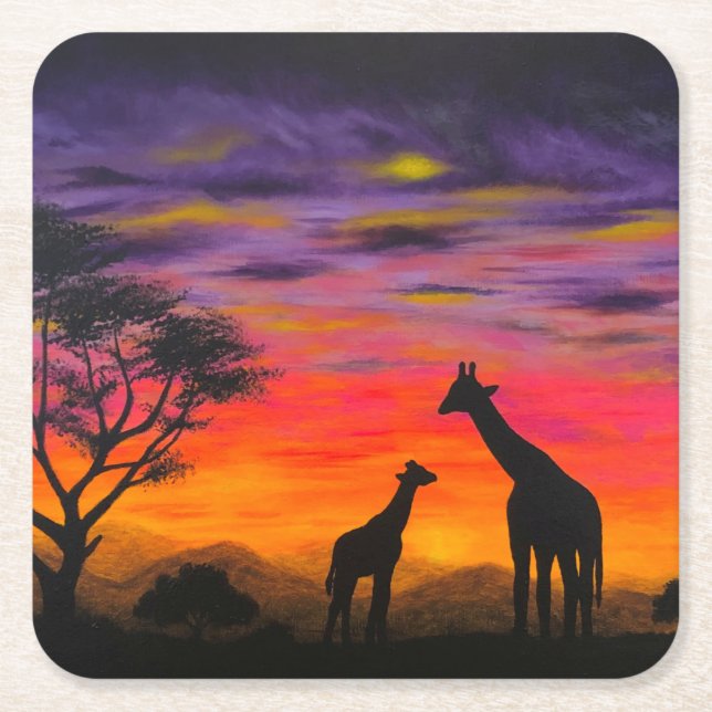 "Giraffe Sunset" Underlägg av Greggs Deep Färg Papper Kvadrat (Framsidan)