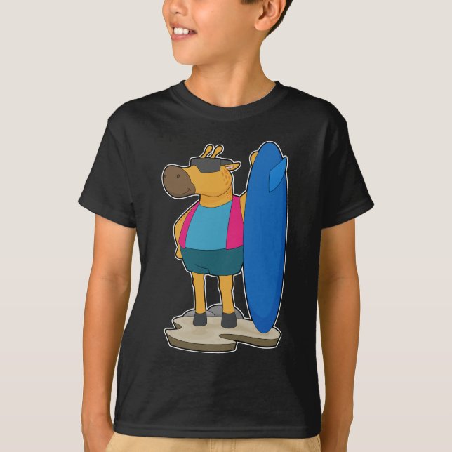 Giraffe Surfer Surfboard T Shirt (Framsida)