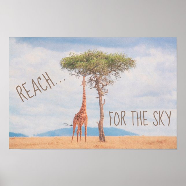 Giraffe Tall Träd Savannah Reach Himlar Motivation Poster (Framsidan)