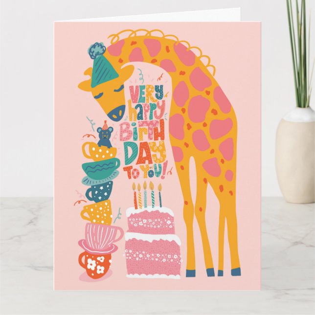 Giraffe Tea Party-gratulationskort för födelsedag Kort (Framsida)