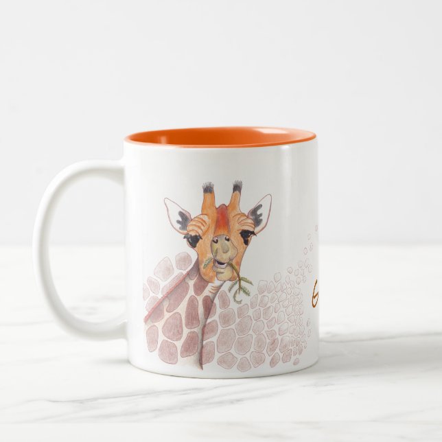 Giraffe teckning med bildtext: Giraffe a cuppa joe Två-Tonad Mugg (Vänster)